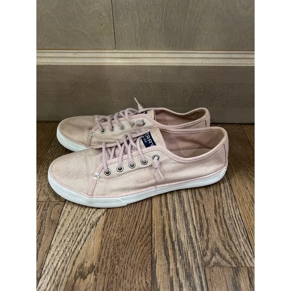 Sperry Top Sider Crest Vibe Rose Gold Shimmer Sneakers 5 Preppy Coastal Summer